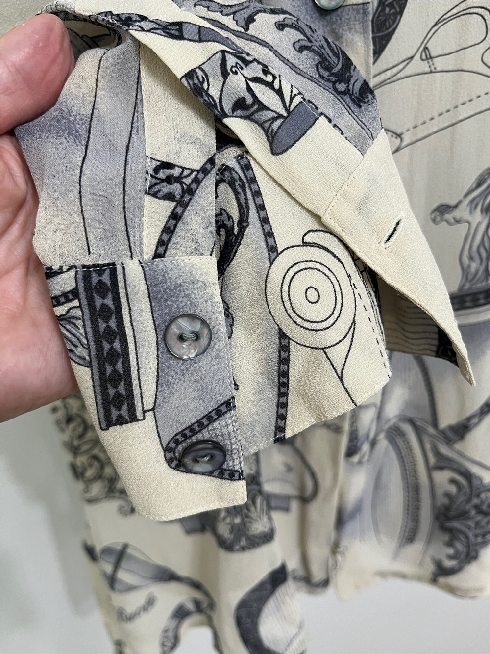 Women's Cream Silk Racing Patterned Button-Up Blouse - Picture 3 of 9